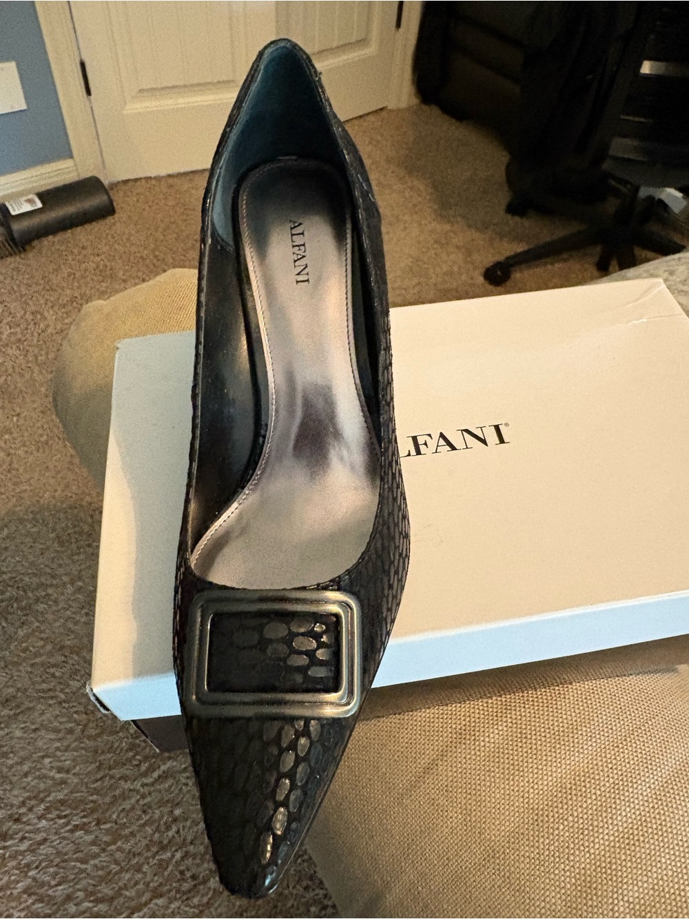 Alfani Black Pointed-Toe Pump with Textured Upper and Buckle Accent